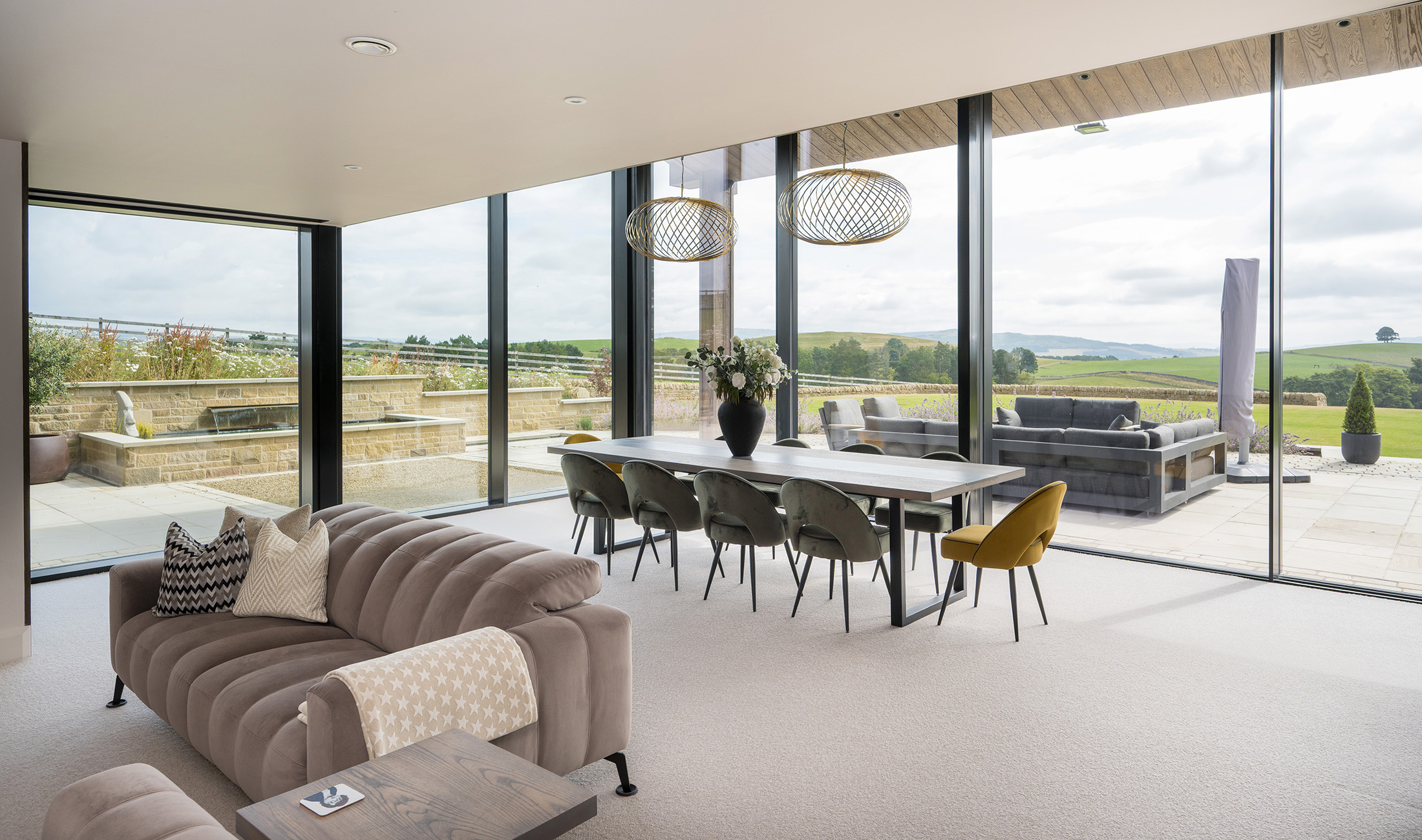 Coniston Barn living room overlooking the Yorkshire landscape